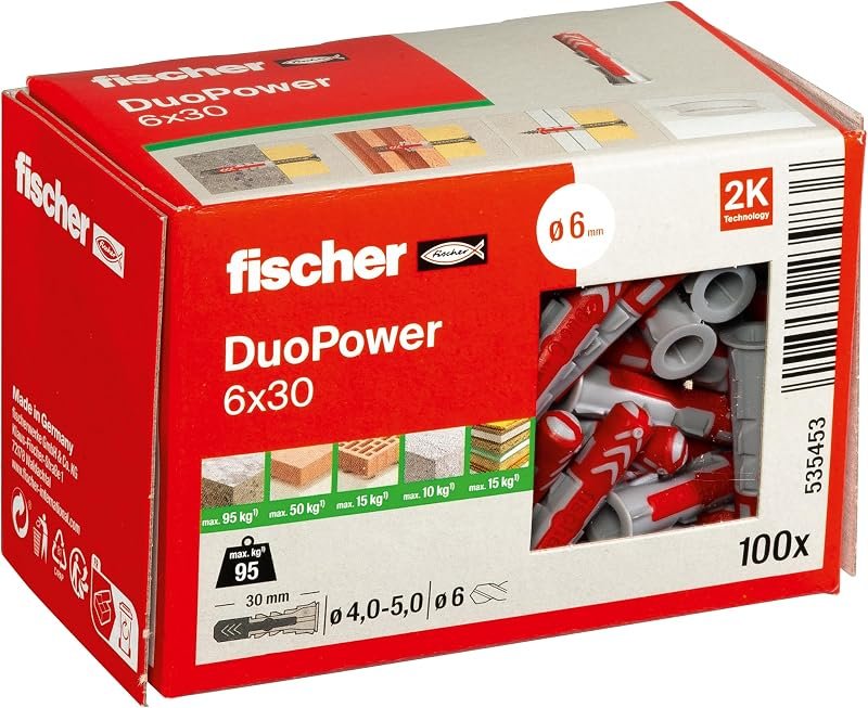 fischer - Tacos DUOPOWER 6x30 mm | Caja de Tacos Universales Bicolor | Nylon de 2 Componentes para Fijaciones